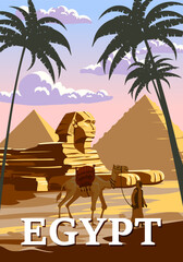 Vintage Poster Ancient Egypt Pharaoh Pyramids Sphinx . Travel to Egypt Country, Sahara desert, camel with egyptian. Retro card illustration vector