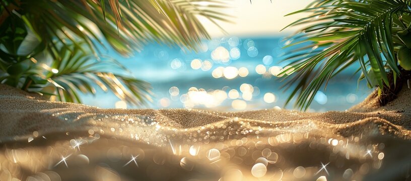High-resolution image capturing the essence of a holiday at the beach, sand and blurred palm leaves against a glittery sea