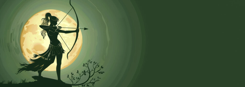 Artemis in Greek religion banner with copy space. the goddess of wild animals, the hunt, vegetation, chastity and childbirth. Artemis was the daughter of Zeus and Leto.