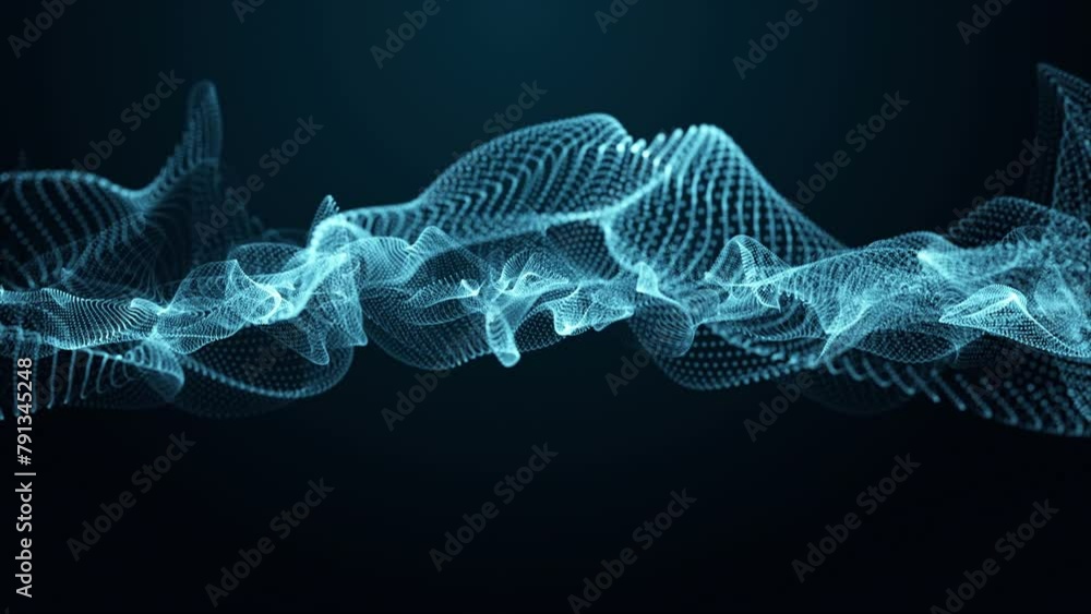 Poster futuristic video animation with particle wave object in slow motion, 4096x2304 loop 4k