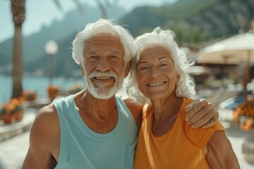 Happy Senior Couple on Vacation by the Sea Embracing and Smiling at the Camera