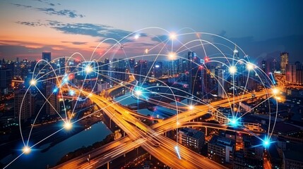 Smart cities connect devices and people through 5G and the Internet of Things (IoT), enabling improved communication and infrastructure. - obrazy, fototapety, plakaty