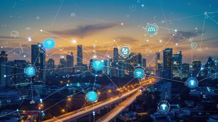 Smart cities connect devices and people through 5G and the Internet of Things (IoT), enabling improved communication and infrastructure. - obrazy, fototapety, plakaty