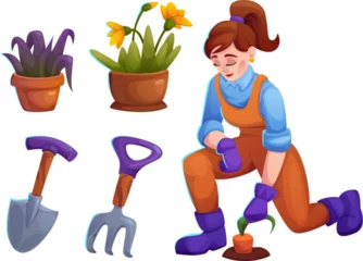 Tuinposter Woman with garden flower plant in pot illustration. Lady planter care vegetable and flowerpot as hobby. Female gardner with shovel and rake equipment set. Botanical career and farming work cartoon © klyaksun