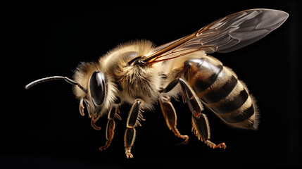 The intricate details of a solitary bee in flight, its translucent wings casting subtle shadows on a transparent canvas 