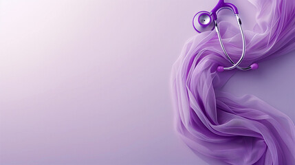 Elegant purple stethoscope on a wavy silk-like fabric background, symbolizing healthcare and elegance