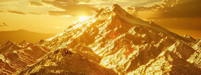 molten gold mountain range landscape, 3d rendering, trending on ArtStation, gold, sunset, peak, summit, range, - obrazy, fototapety, plakaty