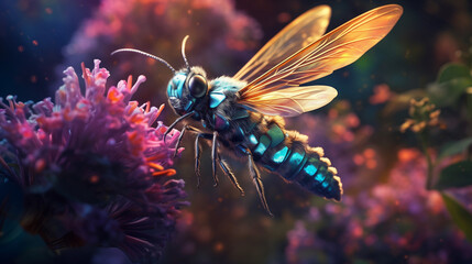 A solitary bee suspended in mid-air, its iridescent body reflecting the vibrant colors of the surrounding flora 