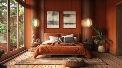 Stylish bedroom featuring a blend of Scandinavian and Japanese aesthetics. The room showcases a terracotta-hued bed, wooden wall panels, and a wooden floor.