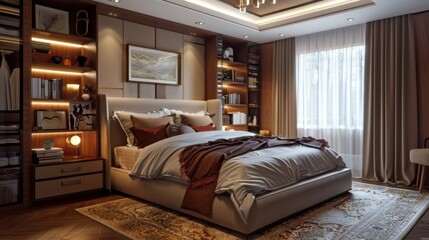 Stylish bedroom with a large, cozy bed, lots of shelves, and a nightstand next to the bed.