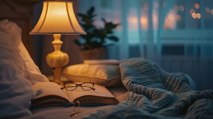 Stylish lamp, book, and eyeglasses arranged on a bedside table in a bedroom.