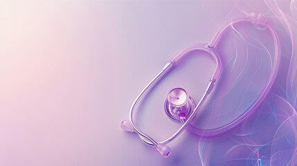 medical stethoscope with purple accents floats above a soft, abstract purple and pink gradient background with swirling light patterns
