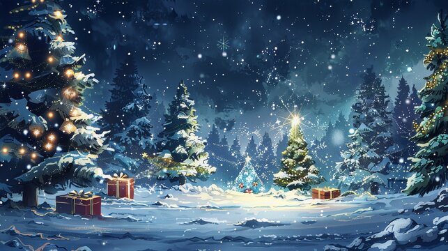 Snowy pine trees and presents in a magical winter forest at night in cartoon style for Christmas, new year, and winter season