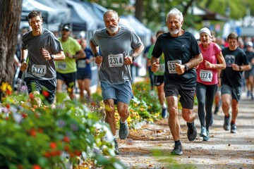 Active seniors running in a marathon through a park on a beautiful day