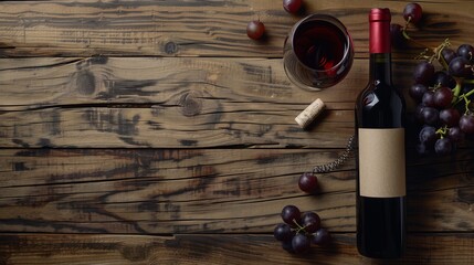 Vintage bottle of red wine with blank matte black label, poured glass, corkscrew & grapes, grunged wood table background. Expensive bottle of cabernet sauvignon concept. Copy space, top view, flat lay - obrazy, fototapety, plakaty