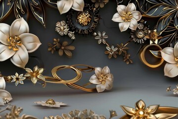 mural illustration background with golden jewelry and flowers, decorative wallpaper. Generative AI