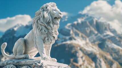 Marble statue of a roaring lion atop a pedestal against a backdrop of snow-capped mountains