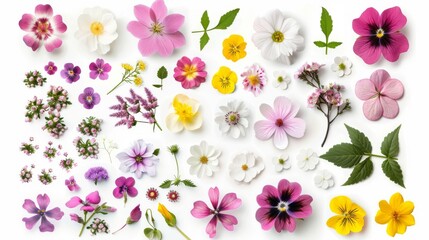 A vibrant collection of spring flowers, neatly arranged and isolated on a white background. Perfect for projects about botany, gardening, and nature.