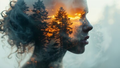 Enchanting Forest Serenity Reflected in Double Exposure of Woman's Head - obrazy, fototapety, plakaty