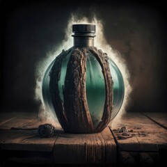 luxurious and elegant perfume bottle with a glass globe and wood finish, reminiscent of an ocean current