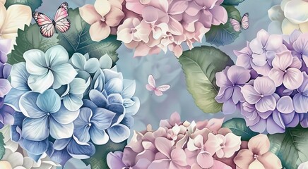 Watercolor painting with hydrangea flowers bouquets, butterflies. Seamless pattern, luxury wallpaper, beautiful art. 3d illustration, pastel colors, pink, purple, turquoise, beige. Generative AI