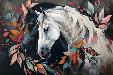 Colorful leaves and feathers mural wallpaper. White horse in black, gray background. Generative AI