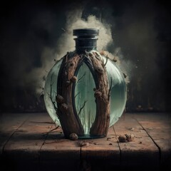 luxurious and elegant perfume bottle with a glass globe and wood finish, reminiscent of an ocean current