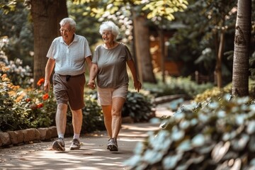 Obraz premium Elderly Couple Enjoying a Peaceful Stroll Holding Hands in the Beautiful Park on a Sunny Day