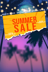 Summer Sale Template poster. Yellow sticker with wrinckles