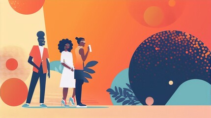 Obraz premium Three people of color stand in front of a blue creature with polka dots under orange and pink shapes.