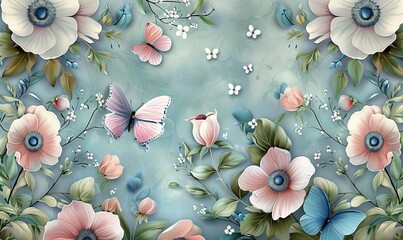 luxury wallpaper mural rose pink anemone flowers green vintage leaves white gypsophila blue butterflies seamless background tropical texture 3d hand painted illustration digital art, Generative AI