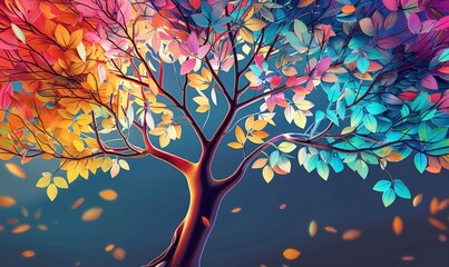 Elegant colorful tree with vibrant leaves hanging branches illustration background. Bright color 3d abstraction wallpaper for interior mural painting, Generative AI