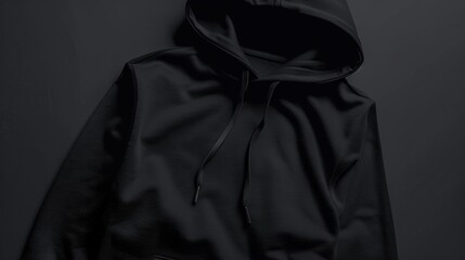 Blank mockup of a black uni hoodie with a front pocket and drawstring hood. .