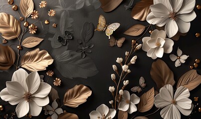 Luxurious Background with Flowers, Leaves and Butterflies. Generative AI