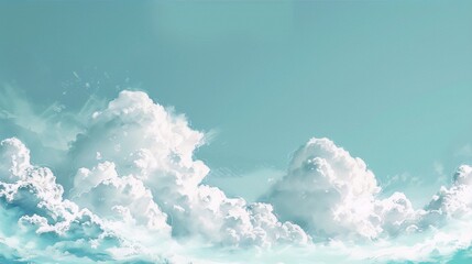 Fluffy white cloudscape in a blue sky, painted in a semi-realistic style, evokes a sense of peace and tranquility. - obrazy, fototapety, plakaty