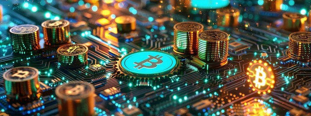 Obraz premium Circuitry And Cryptocurrency, Futuristic Digital Money And Technology, Blue And Orange Neon Glowing Lights, Circuit Board, Futurism, Technology, 3D Rendering, Digital Art