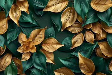 Leaves background. 3d mural floral wallpaper. golden and green leaves, Generative AI