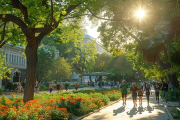 Obraz premium People enjoying a leisurely stroll through a beautiful park on a sunny and pleasant afternoon