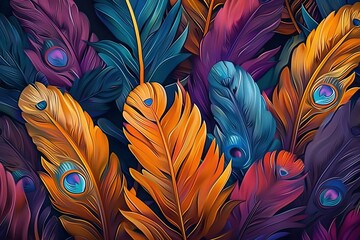 Colorful feathers leave on the living wall 3d abstraction wallpaper.Abstract seamless pattern peacock feathers background.Multicolor feather above on hanging wall interior mural painting,Generative AI
