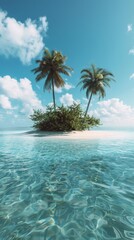 Photograph Capturing a Tranquil Tropical Paradise with Lush Palm Trees on a Sandy Islet Encircled by Clear Turquoise Waters Under a Sunny Blue Sky