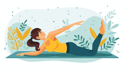 Smiling woman doing stretching exercise on mat vector