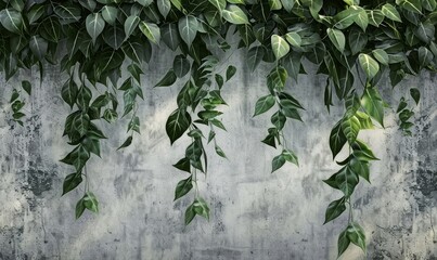 Hanging green leaves one the concrete wall, Modern Wallpaper, 3d effect, Generative AI
