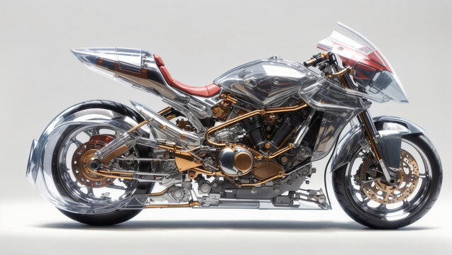 a futuristic motorcycle with an orange and silver body. The motorcycle is made of glass and metal.
