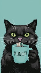 black cat drinking tea from a cup marked Monday. vertical story size