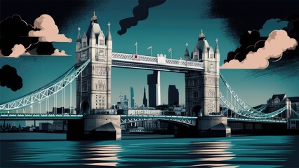 Big Ben and Houses, England, London, cartoon or collage style illustraion