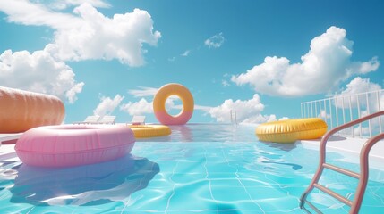 A pool with a red inflatable ring floating on the water