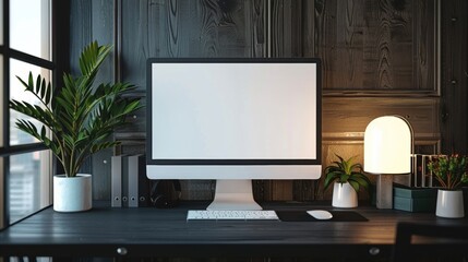Fototapeta premium Blank mockup of a monitor on a dark wooden desk with a blank screen and a potted plant .