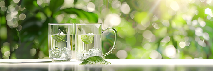 Tea in cup. Tea falls into boiling water. Transparent glass with water on window. Brewing green tea in hot water.