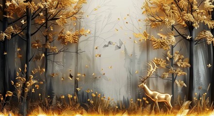 3d abstraction modern and creative interior mural wall art wallpaper with dark and golden forest trees, stag deer animal wildlife with birds, Generative AI