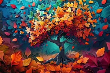 3d abstraction wallpaper for interior mural wall art decor, a tree surrounded by many colorful leaves, Generative AI